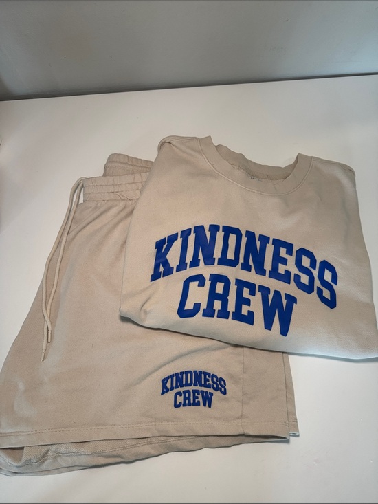 Old Navy Tops - Old Navy Women’s  Beige "Kindness Crew" Sweatshirt & Shorts Set - Blue Logo